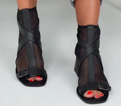 Hollow thick heel mesh boots