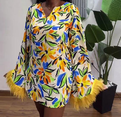 Feather sleeve patchwork short printed dress