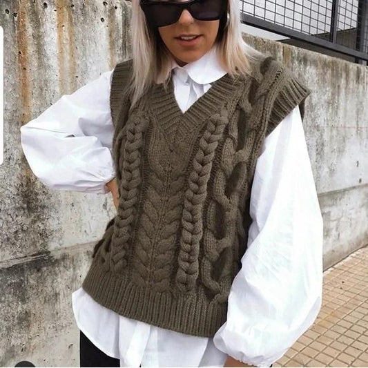 V-neck sweater cable-knit vest