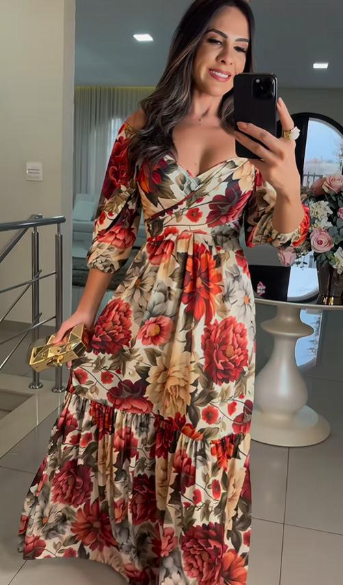 Fashion V-neck Printing Long Sleeve Dress