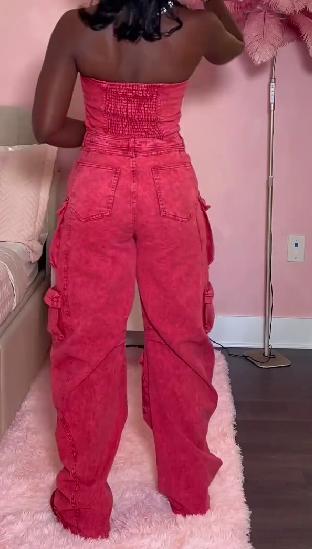 Pink denim jumpsuit