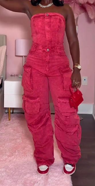 Pink denim jumpsuit