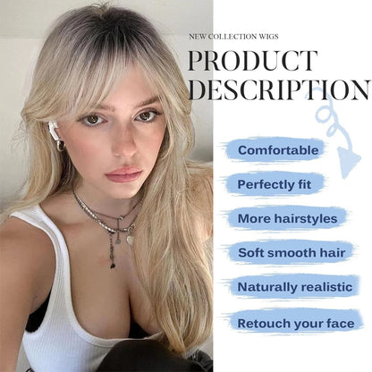 Ombre Blonde Wigs with Bangs,Shoulder Length Ash Blonde Wig for Women Dark Roots