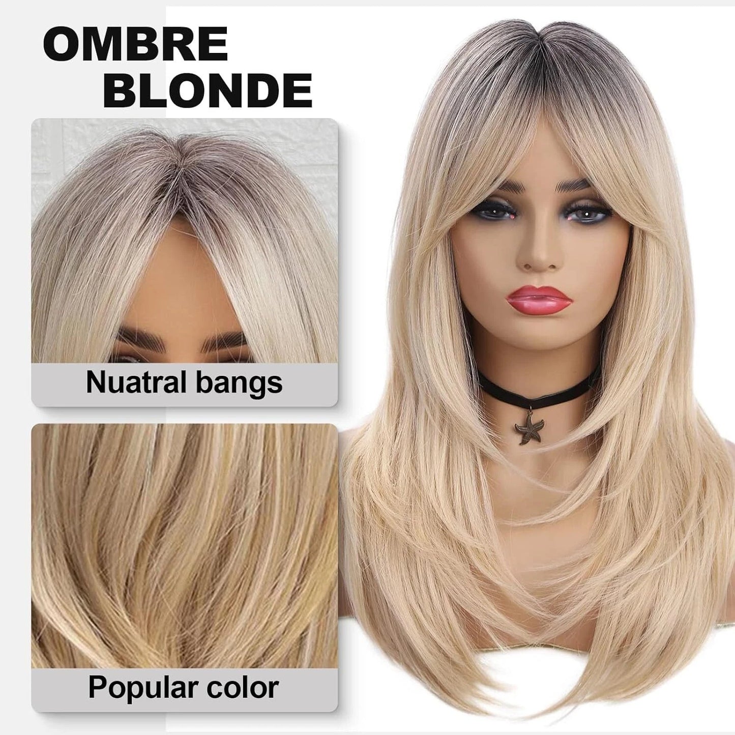 Ombre Blonde Wigs with Bangs,Shoulder Length Ash Blonde Wig for Women Dark Roots