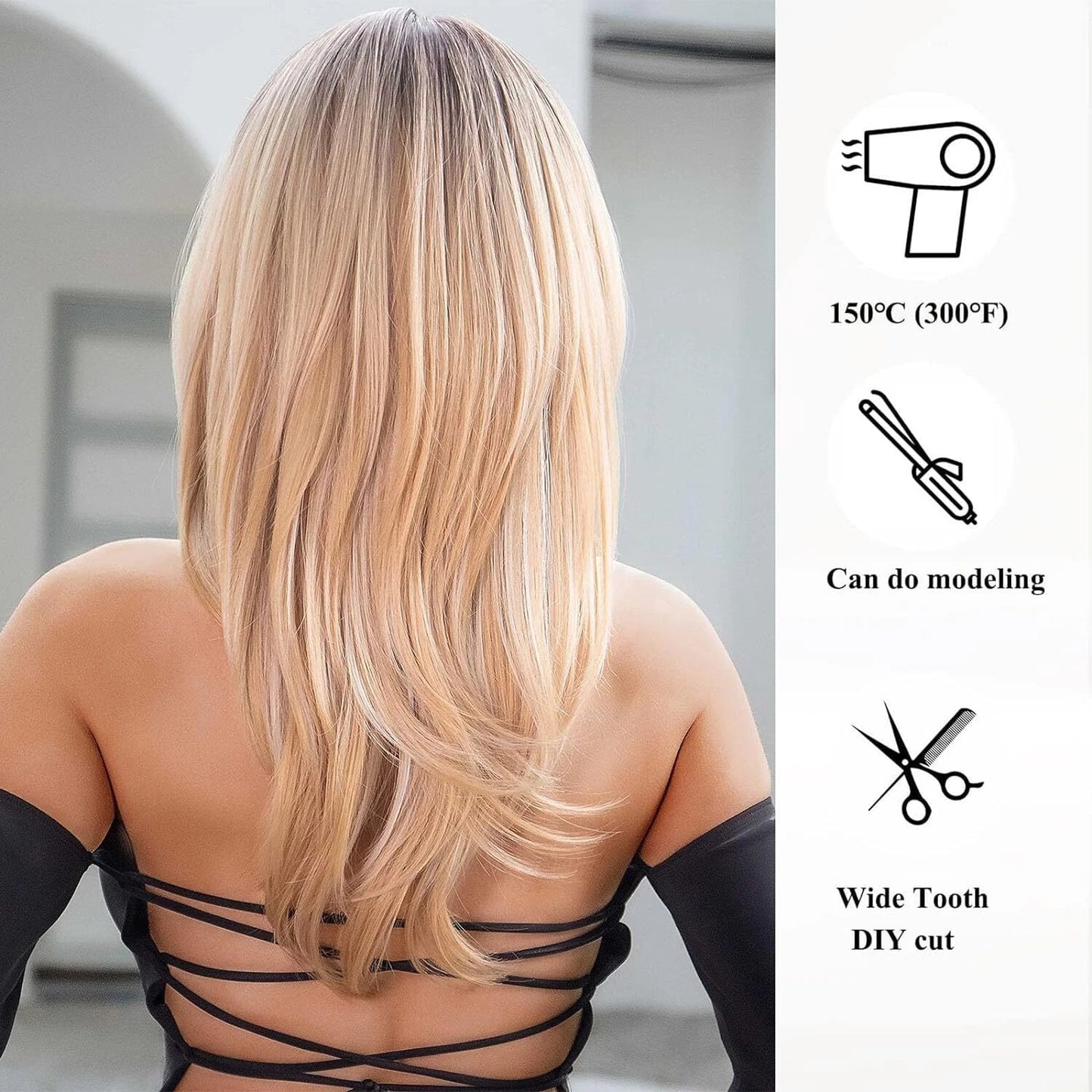 Ombre Blonde Wigs with Bangs,Shoulder Length Ash Blonde Wig for Women Dark Roots