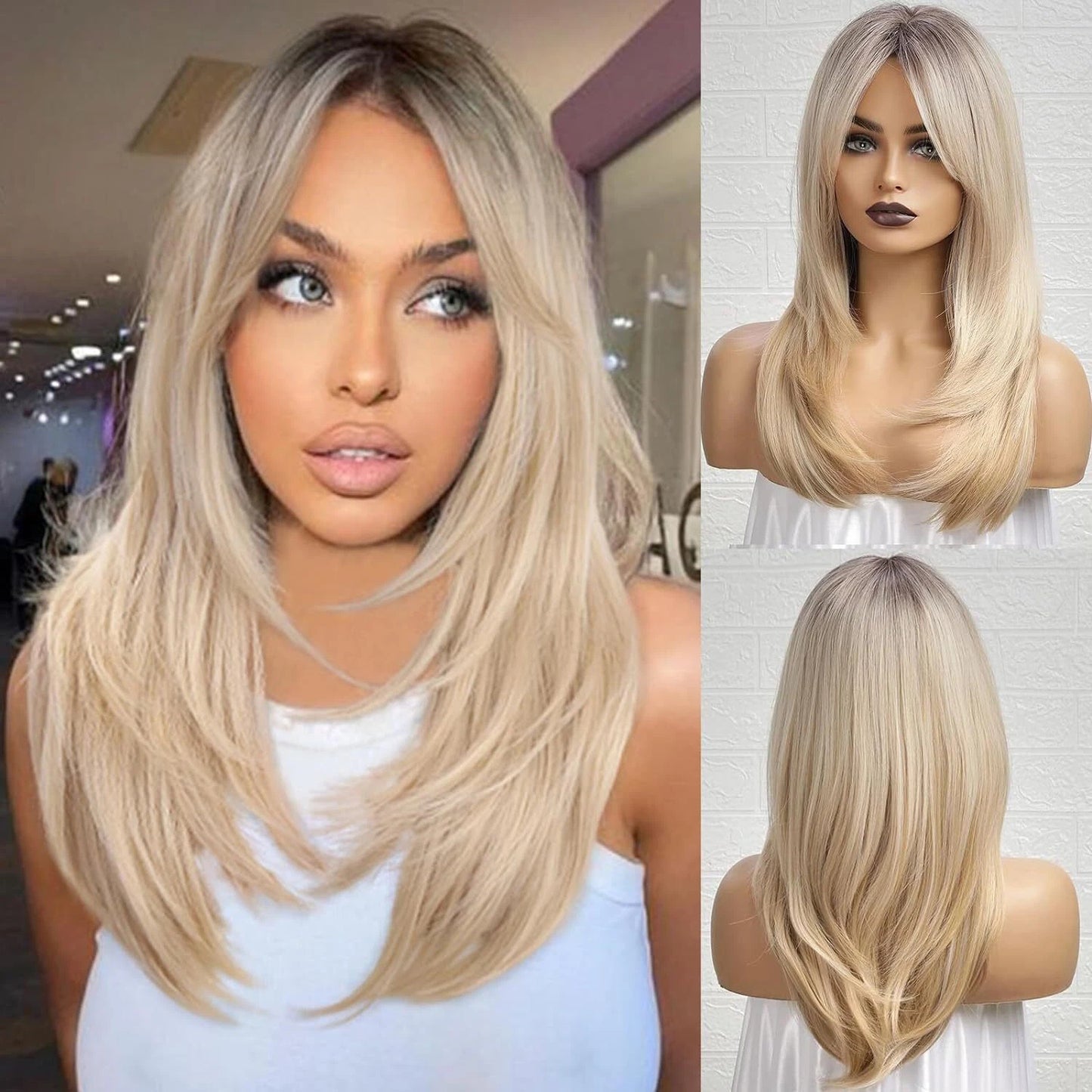 Ombre Blonde Wigs with Bangs,Shoulder Length Ash Blonde Wig for Women Dark Roots