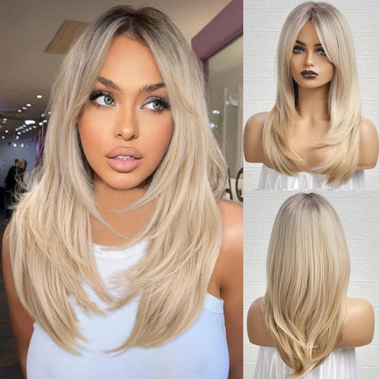 Ombre Blonde Wigs with Bangs,Shoulder Length Ash Blonde Wig for Women Dark Roots