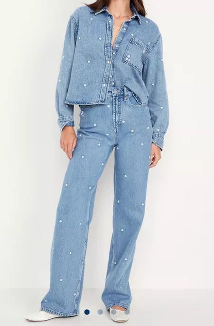 Floral embroidered denim suit